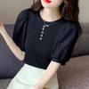 Verão Bubble Sleeve Short Top Knitted Sweater Nova Lanterna Manga Chiffon Design Sense Nicho Barriga Cobrindo Manga Curta