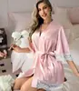 Amazon Transfronterizo para Mujer Talla Grande Europea y Americana Pijama en V Bata con Cordones Empalme de Encaje Bata Exterior Ropa Sexy para el Hogar Camisón
