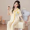 Pijama de algodão puro para meninas, estilo primavera e outono para crianças, manga curta e calça comprida, princesa estilosa, para crianças mais velhas, roupa de casa, outono
