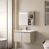 Conjunto de gabinete de banheiro em aço inoxidável, lavatório e pia integrados de cerâmica, minimalista moderno para espaços pequenos
