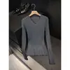 Suéter de tricô com gola V, cor sólida, corte justo para mulheres, novo da coleção primavera/outono, valoriza a silhueta e é elegante, pode ser usado como peça única, estilo coreano