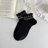 Meias Femininas para Primavera e Verão, Meias de Algodão Penteado com Renda, Leves e Respiráveis, Meias Femininas de Cano Médio com Borda Franzida, Meias Zhuji