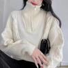 Suéter Gola Alta Feminino Zíper Lapela Outono e Inverno Solto Roupa Exterior Vento Preguiçoso Torcido Tricotado Suéter Pulôver Top Versátil