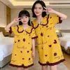 Família trajes de correspondência: Vestido Infantil de Manga Curta para Verão, Algodão Penteado, Cor Color Block com Gola Princesa para Meninas, Conjunto de Pijama Mãe e Filha, Vestido para Relaxar