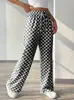 Calça Casual Solta de Cintura Alta Wide Leg com Estampa Xadrez Nova Primavera e Outono Amazon Aliexpress Europeia e Americana