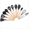 Utensílios de Cozinha com Cabo de Madeira de Silicone Conjunto de 11 Peças Frigideira Antiaderente Pá Colher Conjunto de Ferramentas Pá Colher Escumadeira Conjunto de Utensílios de Silicone para Cozinha