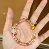 Pulseira Versátil Doce e Fofa para Mulheres com Contas de Cristal Morango Naturais, Citrino Brasileiro, Flor de Pessegueiro e Pulseira de Arroz