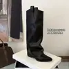 Botas Altas Negras de Cuero Genuino para Mujer, de 8 cm de Altura, Estilo Slouch, para Otoño e Invierno, con Tacón Grueso y Punta Fina, Estilo Caballero