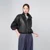 Nueva chaqueta corta de cuero genuino Haining, fresca y elegante, con cuello alto para mujer, chaqueta de cuero estilo biker negra, adelgazante y de alta gama
