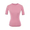Top de Manga Três Quartos com Gola Redonda Pequena Estilo Europeu e Americano, Verão Costurado Slim Fit, Valoriza a Silhueta, Marca a Cintura, Camiseta Lisa de Manga Curta