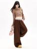 Ropa de Mujer de Seda Naranja # Pantalones Casuales de Pierna Ancha Empalmados con Doble Cintura, Diseño de Cintura Alta, Holgado y Relajado, con Efecto de Caída y Corte Curvo hasta el Suelo.