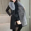 Casaco de couro de inverno com gola grande de pele para mulheres, forrado de fleece, espessado, comprimento médio, estilo coreano, novidade 2022, plus size, acinturado, emagrecedor