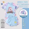 Adorable y linda traje de baño de dos piezas para niñas con colores contrastantes, ligero y transpirable, shorts de manga corta con estampado de dibujos animados, traje de baño moderno