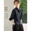 Camisa de Estilo Casual con Cuello Polo Negro de Manga Larga Otoño Nueva para el Trabajo Cintura Delgado Aspecto Camisa Popular de Este Año