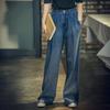 Jeans de Perna Larga Novo Retro Transfronteiriço Feminino Lavagem Água Cor Contrastante Perna Reta Mostrando Longo Solto Versátil Cintura Alta Calça de Chão