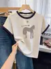 Atuendo Versátil de Verano Estilo Coreano, Camiseta de Algodón Puro de Gama Alta con Costuras de Color Contrastante en el Escote, Camiseta de Manga Corta con Cuello Redondo y Hombro Regular para Mujer