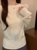 Top Básico de Forro Polar Andy Estilo Coreano Cuello Redondo Simple para Mujer, Hombro Normal, Corte Ajustado, Cintura Ceñida, Tejido de Punto de Manga Larga, Suéter con Puños de Botón