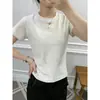 Camiseta de manga corta con hombros rectos estilo americano para mujer, algodón puro de verano, simple ajustada, que ciñe la cintura, top corto sexy y seductor