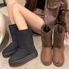 Botas de Nieve Nuevas de Suela Gruesa para Otoño e Invierno con Forro de Felpa, Zapatos Slip-On Gruesos Calientes de Algodón, Color Sólido, Diseño Simple, Botas de Caña Media en Tallas Grandes en Stock