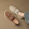 Zapatos tipo mocasín de ante de oveja con tacón de cuña de paja cómodos estilo vacacional 2025 Otoño Tacón medio Lazo Zapatos de piel genuina para mujer