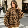 Cardigan de malha macia com gola redonda e estampa de leopardo jacquard, novo para outono e inverno, estilo vintage, feminino, da Amazon, transfronteiriço europeu e americano