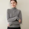 Suéter de Lana de Punto Acanalado Elegante a Rayas Adelgazante para Mujer con Cuello Alto y Media Cremallera, Suéter de Cachemira Belleza Intelectual para Mujer