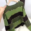 Blusa de tricô listrada color block casual de manga longa para mulheres, nova coleção outono 2026, gola redonda, caimento solto, blusa versátil plus size