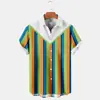 Camisa Masculina de Verão Listrada Estampada de Manga Curta Quatro Lados Moda Jovem Fashionável Fresca e Confortável Camisa Masculina Versátil