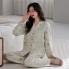 Pijama de Algodón Nube para Mujer, Cardigan de Manga Larga y Pantalones para Otoño e Invierno, Tallas Grandes, Adecuado para Mujeres Jóvenes, Se Puede Usar Afuera, Conjunto para Casa