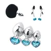 Set erótico SM, tapón anal de metal, cola de zorro, pinzas para pezones en forma de corazón azul, aretes, juguetes sexuales para adultos