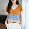 Nuevo Cárdigan de Punto con Encaje de Cuello V de Lyocell para Primavera/Verano, Manga Corta, Rayas de Lino, Bloque de Color, Top Casual Versátil para Mujer