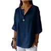Camisa casual azul marino con cuello de solapa y mangas de tres cuartos, adecuada para el uso diario, nueva camisa para mujer 2026