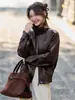 Chaqueta corta de cuero genuino Haining para mujer, nuevo estilo otoño 2026, corte holgado, adelgazante, con solapa, versátil, hecha de piel de oveja, adecuada para figuras petite