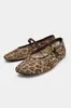 ZA sapatos femininos de malha com bico redondo e estampa de leopardo, tamanho grande, para comércio exterior, sapatos Mary Jane rasos de uma tira, versáteis, para mulheres