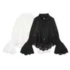 Camisa de otoño para mujer estilo europeo y americano con encaje bordado y manga acampanada 61747