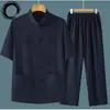 Traje Tang de Seda Gelada de Manga Curta para Homens de Meia-Idade e Idosos Roupa de Pai Estilo Chinês Roupas de Vovô Conjunto Solto de Duas Peças