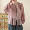 Blusa de Manga de Lámpara para Mujer 2026 Estilo Artístico Retro, Botón Único, Manga Elástica, Corte Holgado, Botón Pequeño, Protección Solar