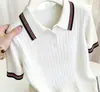 Suéter de punto para mujer con cuello polo a rayas de color contrastante, nuevo estilo de verano, moderno, adelgazante, versátil, top rejuvenecedor A11071