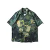 Camisa Estampada Completa Estilo Óleo Retrô Cubano para Homens, Havaiana Tendência Estilo Hong Kong Solta Casual Camisa de Manga Curta para Casal