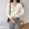 Suéter Pulôver Loose Estilo Preguiçoso Retrô Outono Inverno para Mulheres, Top Simples Casual de Tricô Canelado com Gola V, Suéter de Venda Internacional