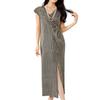 Design Vestido irregular feminino verão alta qualidade brilhante saia longa dividida saia base plissada impermeável