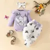 Macacão de bebê europeu e americano de letras com manga comprida e formato triangular, calça com laço, top para primavera e outono, calça de borboleta e elefante