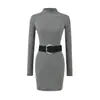 Vestido Corto Bodycon Ajustado Sexy de Manga Larga sin Dedos de Cuello Alto Estilo Puro Deseo con Cinturón, Nuevo Otoño e Invierno Chica Popular