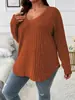 2026 Amazon Otoño e Invierno Nuevo Color Sólido Talla Grande para Mujer Top Cuello en V Manga Larga Camiseta de Canalé Cepillada Suelta Pullover