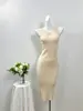 Vestido de Punto Sexy Francés Hueco Cuello Redondo Cintura Alta Delgado Sin Mangas Midi Bodycon Tipo Chaleco Negro Talla Única