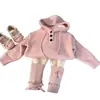 Ropa Infantil Estilo Coreano 2025 Nuevo Set de Dos Piezas para Niñas Otoño e Invierno: Suéter de Punto con Capucha y Forro Polar, Calcetines Holgados y Leggings Tendencia