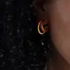 Brincos Elegantes de Personalidade Camada Dupla com Strass Esmeralda Estilo Retro Francês Aço Titânio Contas Vazadas Pontos de Costura Brincos em Forma de C para Mulheres