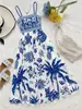 Comercio Exterior Vestido de Tirantes Estampado Europeo y Americano Estilo Bohemio Resort Cintura Ceñida Línea A Dobladillo Ancho Midi Vestido para Mujer