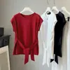2026 Nuevo Diseño Estilo Nicho Camiseta de Manga Acampanada con Lazos para Mujer, Verano Cintura Fruncida Adelgazante Manga Corta Top de Moda