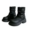 2026 Nuevas Botas Negras Cuadradas con Hebilla de Cuero de Media Pantorrilla para Mujer Moda Tacón Bajo Arrugadas de Caballero Botas Largas